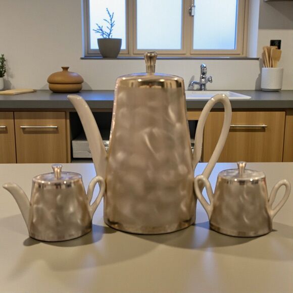 Vintage Champagne Gold Insulated Covered Ceramic Coffee Tea Set MCM - Picture 7 of 7